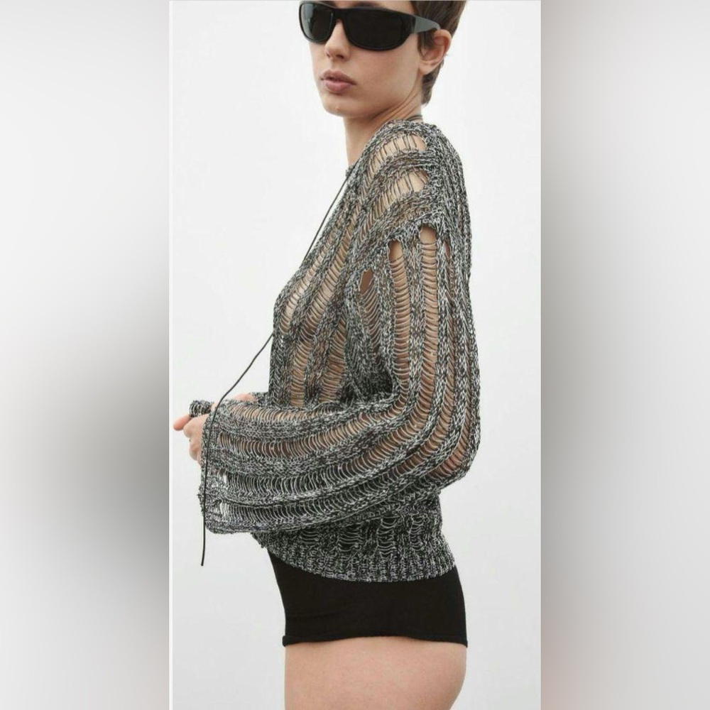 Zara Black Silver Chainmail Style Open Knit Long Sleeve Sweater Top Shirt